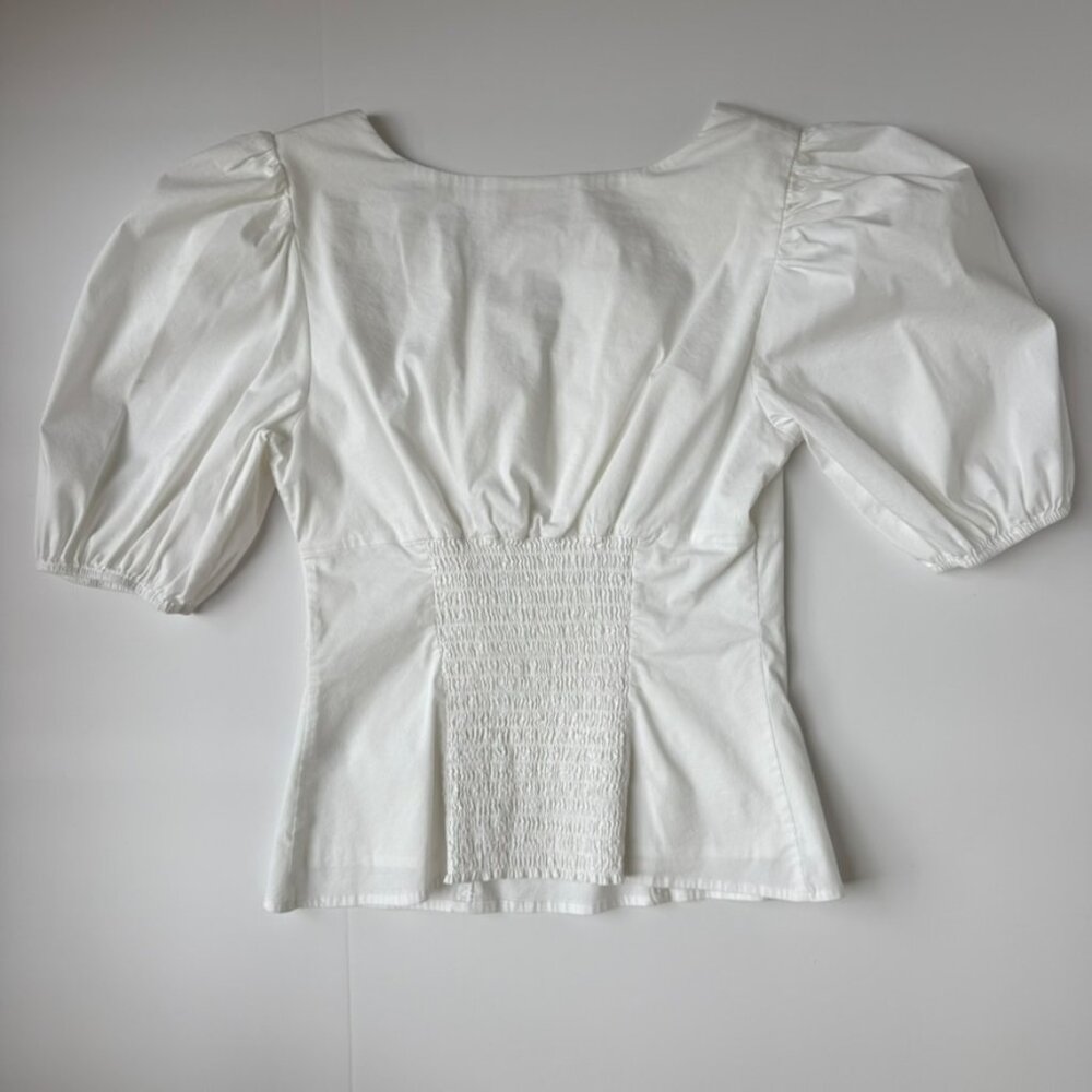 Rachel Parcell Puff Sleeve Smocked White Blouse XS | Feminine Minimalist - Picture 4 of 7